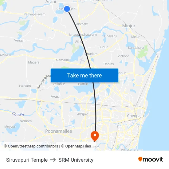 Siruvapuri Temple to SRM University map