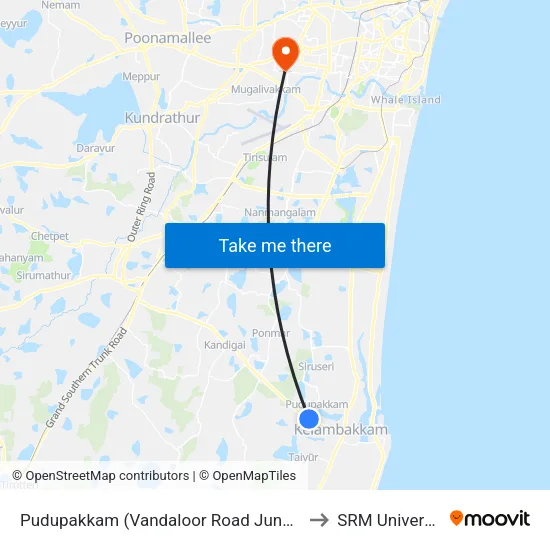 Pudupakkam (Vandaloor Road Junction) to SRM University map