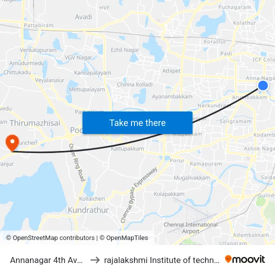 Annanagar 4th Avenue to rajalakshmi Institute of technology map