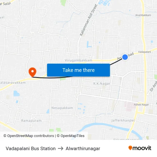 Vadapalani Bus Station to Alwarthirunagar map