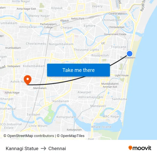 Kannagi Statue to Chennai map