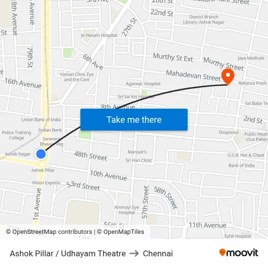 Ashok Pillar / Udhayam Theatre to Chennai map