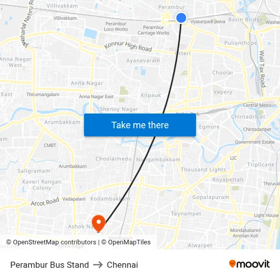 Perambur Bus Stand to Chennai map