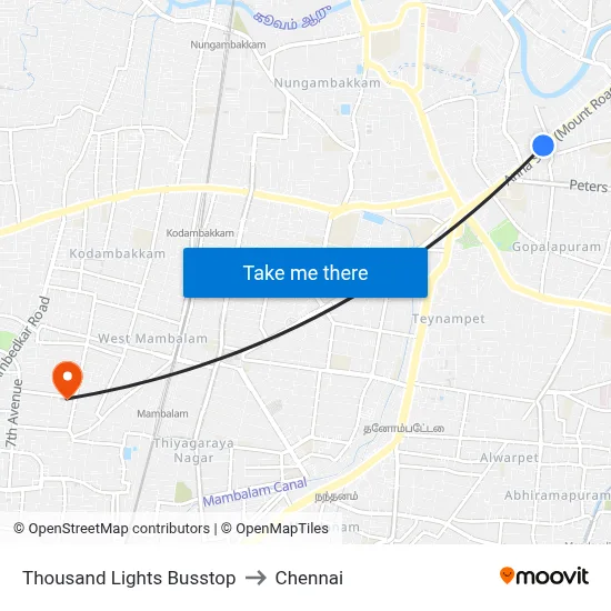 Thousand Lights Busstop to Chennai map