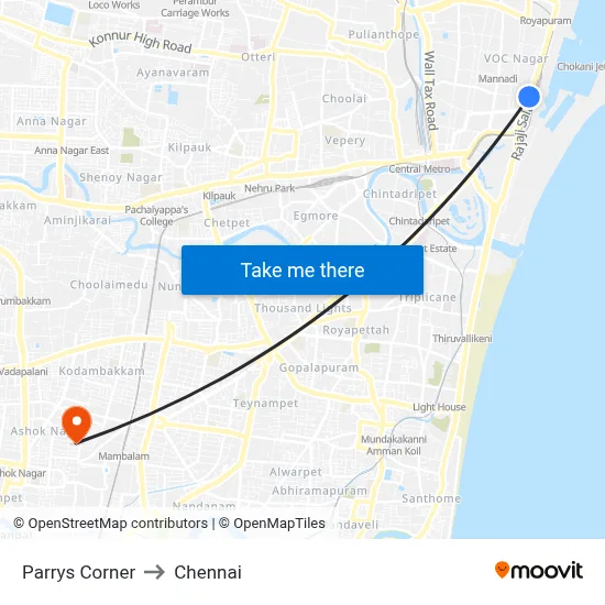 Parrys Corner to Chennai map