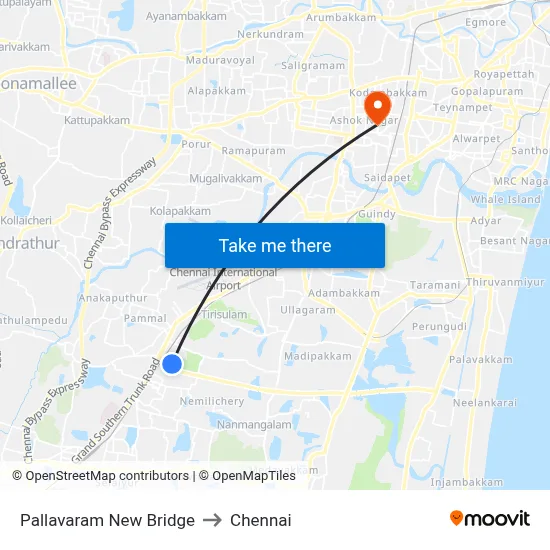 Pallavaram New Bridge to Chennai map