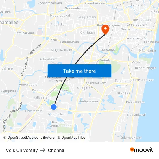 Vels University to Chennai map