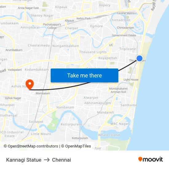 Kannagi Statue to Chennai map