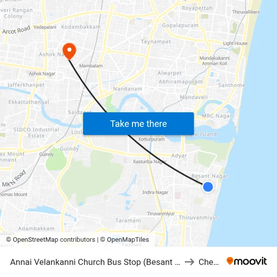 Annai Velankanni Church Bus Stop (Besant Nagar Church) to Chennai map