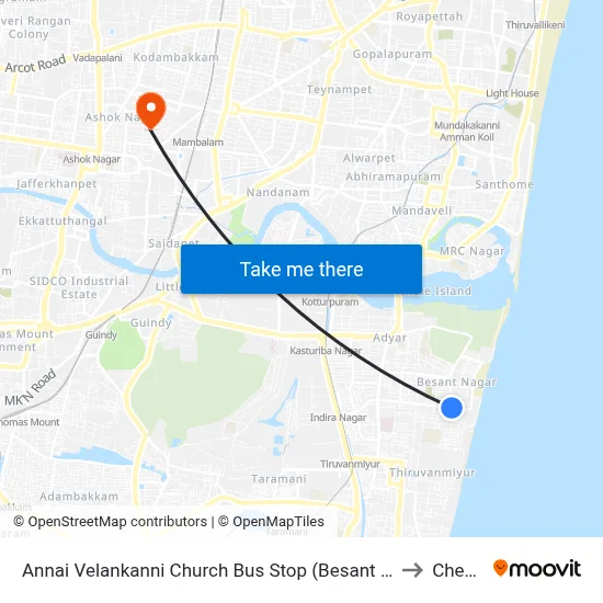 Annai Velankanni Church Bus Stop (Besant Nagar Chruch) to Chennai map