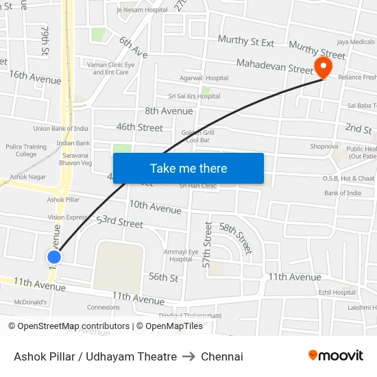 Ashok Pillar / Udhayam Theatre to Chennai map
