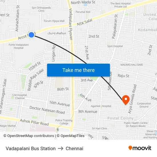 Vadapalani Bus Station to Chennai map