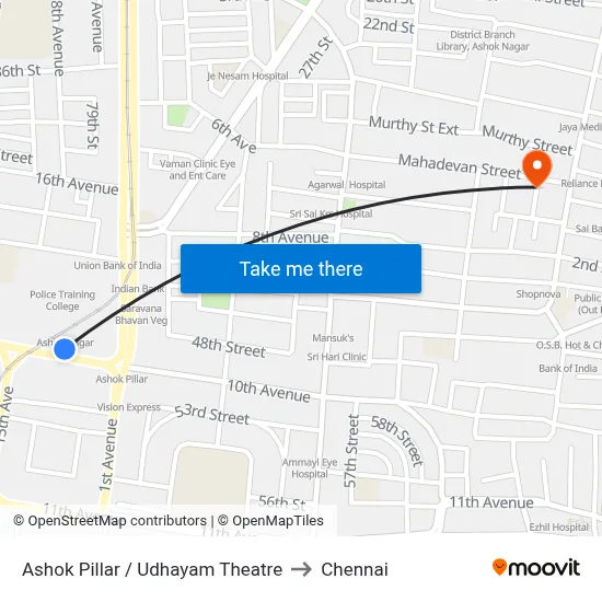 Ashok Pillar / Udhayam Theatre to Chennai map