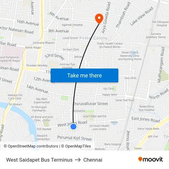 West Saidapet Bus Terminus to Chennai map