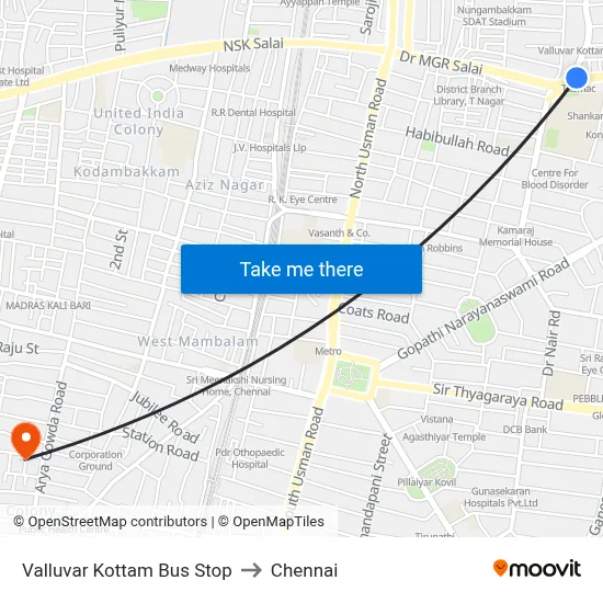 Valluvar Kottam Bus Stop to Chennai map