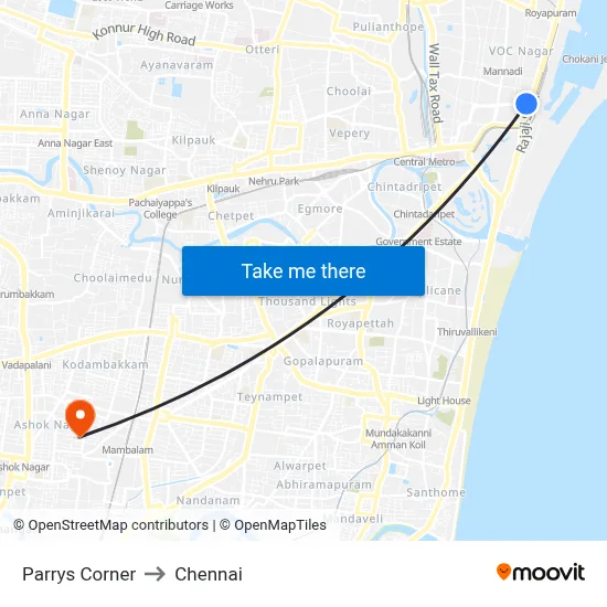 Parrys Corner to Chennai map