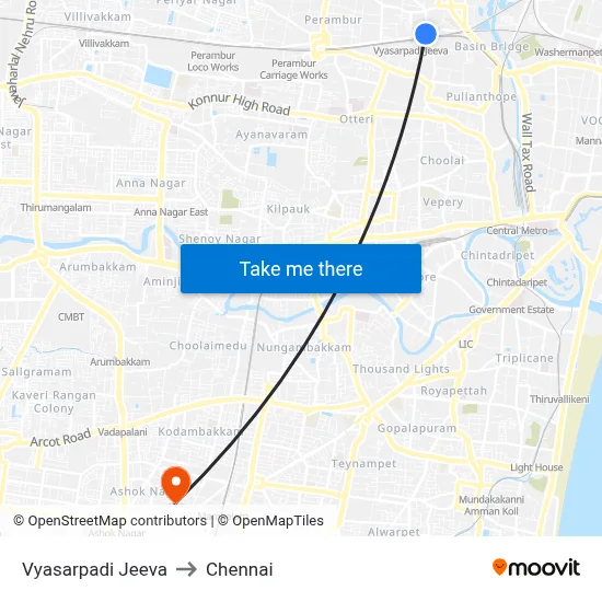 Vyasarpadi Jeeva to Chennai map