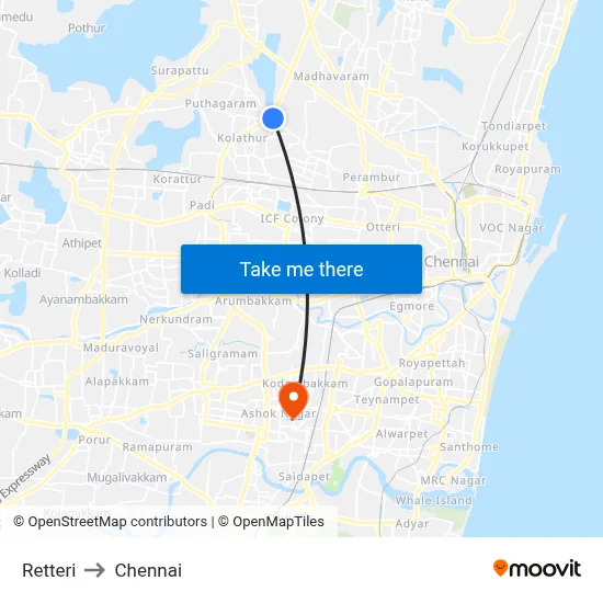 Retteri to Chennai map