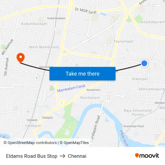 Eldams Road Bus Stop to Chennai map