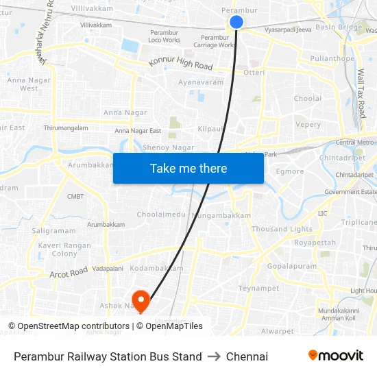 Perambur Railway Station Bus Stand to Chennai map