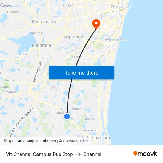 Vit-Chennai Campus Bus Stop to Chennai map