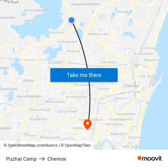 Puzhal Camp to Chennai map