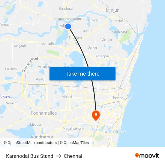 Karanodai Bus Stand to Chennai map