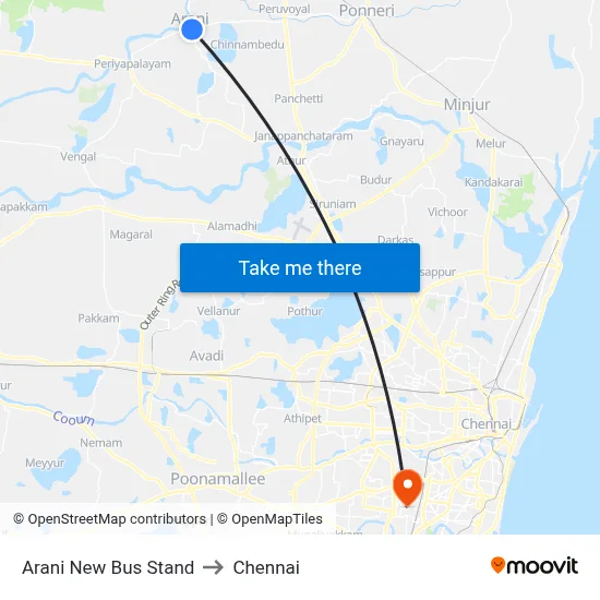 Arani New Bus Stand to Chennai map
