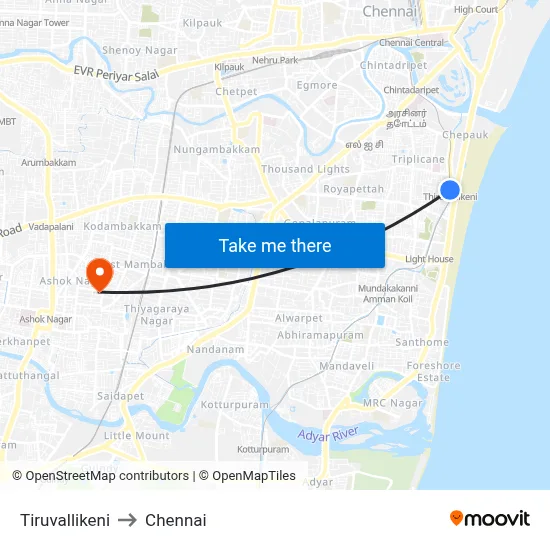 Tiruvallikeni to Chennai map