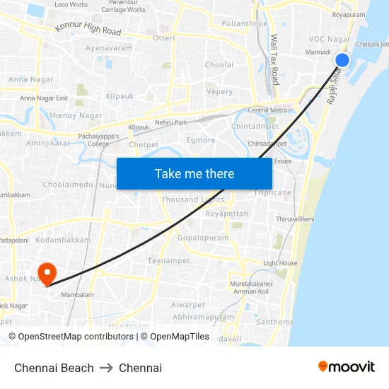 Chennai Beach to Chennai map