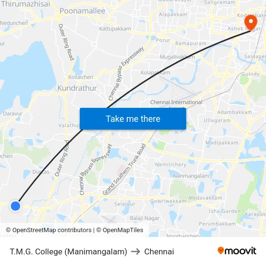 T.M.G. College (Manimangalam) to Chennai map