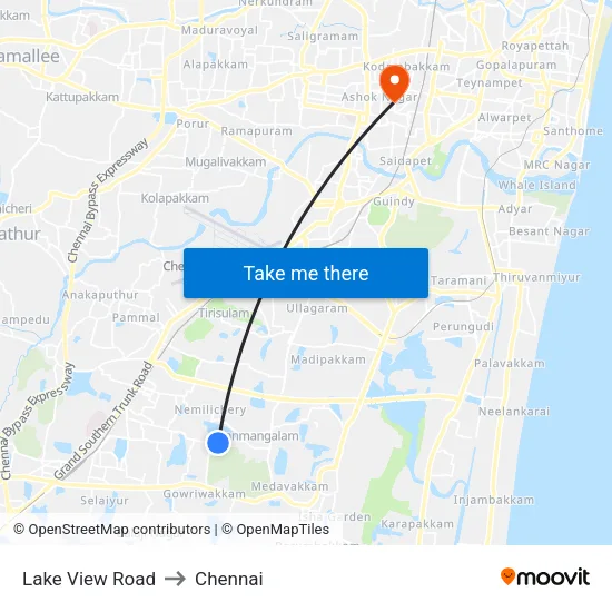 Lake View Road to Chennai map