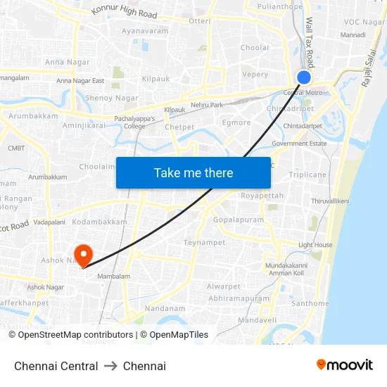 Chennai Central to Chennai map