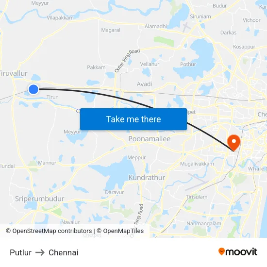 Putlur to Chennai map