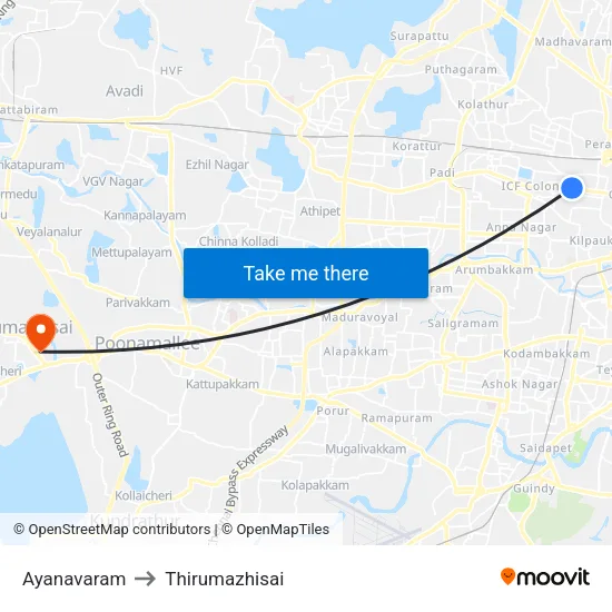 Ayanavaram to Thirumazhisai map