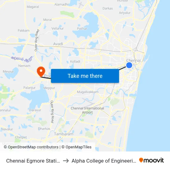 Chennai Egmore Station to Alpha College of Engineering map