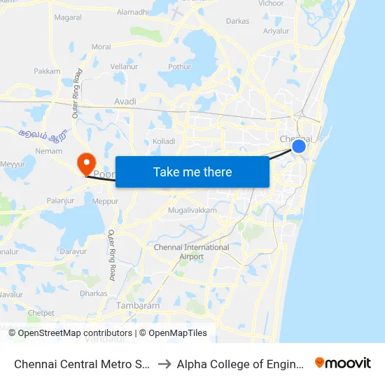 Chennai Central Metro Station to Alpha College of Engineering map