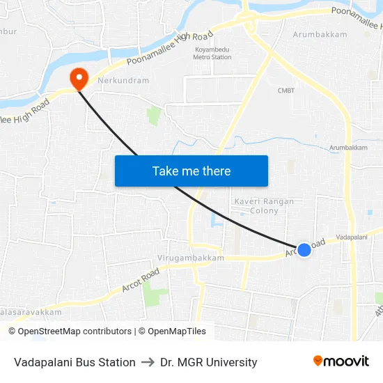 Vadapalani Bus Station to Dr. MGR University map