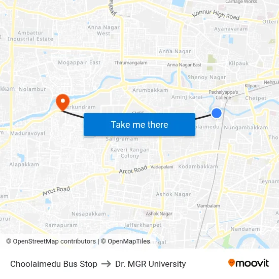 Choolaimedu Bus Stop to Dr. MGR University map