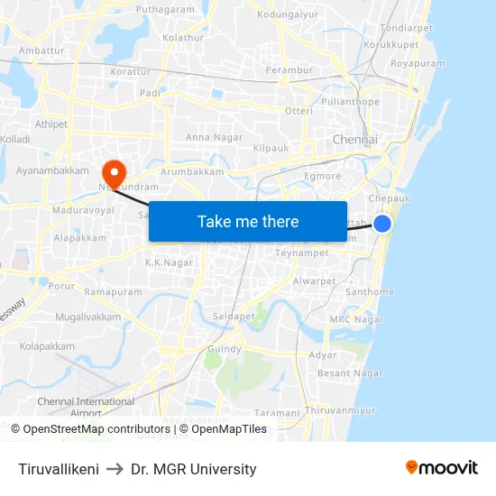 Tiruvallikeni to Dr. MGR University map