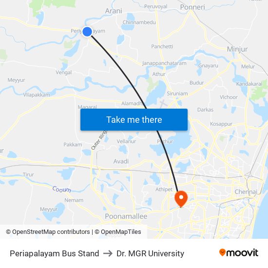 Periapalayam Bus Stand to Dr. MGR University map