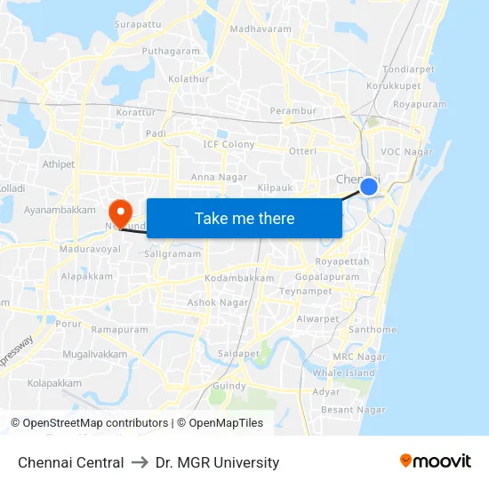 Chennai Central to Dr. MGR University map