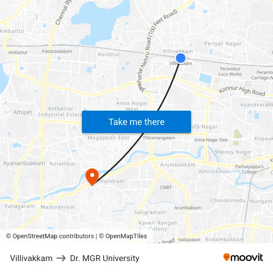 Villivakkam to Dr. MGR University map