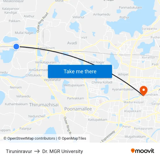 Tiruninravur to Dr. MGR University map