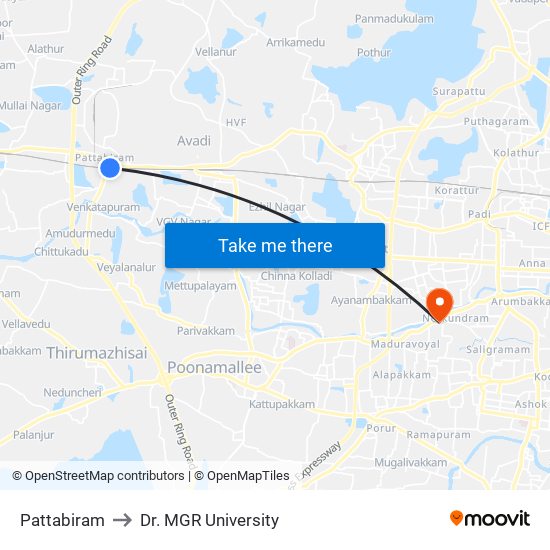 Pattabiram to Dr. MGR University map