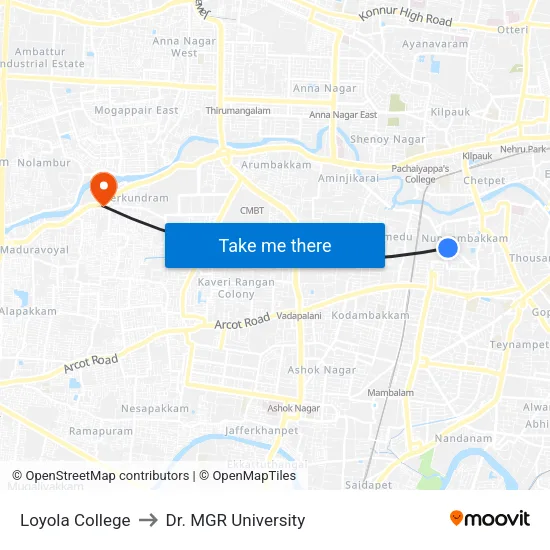 Loyola College to Dr. MGR University map