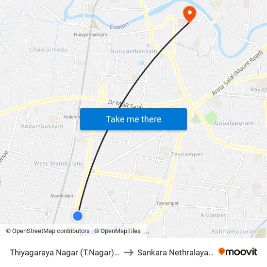 Thiyagaraya Nagar (T.Nagar) Bus Depot Corner to Sankara Nethralaya Eye Hospital map