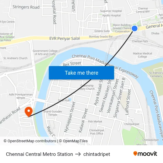 Chennai Central Metro Station to chintadripet map