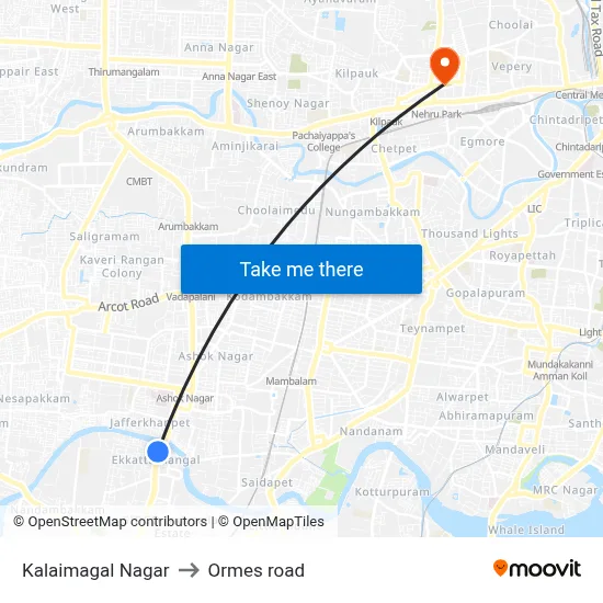 Kalaimagal Nagar to Ormes road map