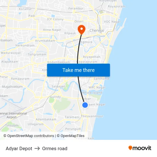 Adyar Depot to Ormes road map